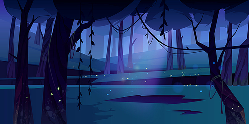 Summer forest glade with flying fireflies at night. Scene of jungle, garden or natural park in moonlight. Vector cartoon illustration of dark woods landscape with trees and lianas
