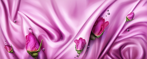 Abstract background with pink silk cloth and rose buds. Texture of shiny satin fabric with waves and drapery. Vector realistic wallpaper with luxury flowing textile, flowers and glossy beads