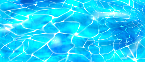 water pool top view background with ripples on aqua surface and tiled floor. ocean, sea, swimming basin transparent liquid texture with sun rays light shining , realistic 3d vector illustration