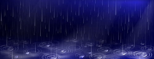 rain, falling water drops and puddle ripples on dark blue background. shower droplets, storm or downpour texture, pure aqua , autumn season rainy weather, realistic 3d vector illustration