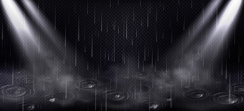 Rain, puddle ripples and spotlight beams, falling water drops and light background. Shower droplets, storm or downpour texture, fall season rainy weather, street lamps Realistic 3d vector illustration