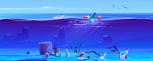 Pollution ocean by plastic trash and litter. Vector cartoon illustration of sea with floating cups, bottles and garbage in water and on bottom. Polluted ocean landscape with debris and toxic waste