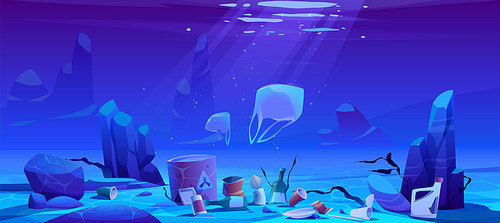 Pollution sea by plastic trash, garbage underwater. Vector cartoon landscape of ocean bottom with floating bags, piles of rubbish and bottles, barrel with toxic waste. Ecological disaster
