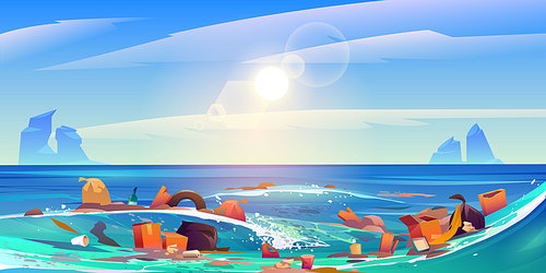 Pollution sea by plastic trash, garbage in water. Vector cartoon landscape of pacific ocean with floating dirty waste, bottles,boxes and bags. Ecological problem of polluted environment