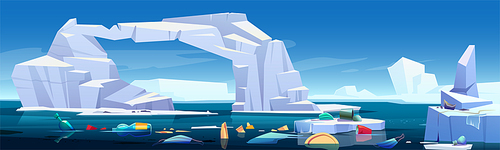 Arctic landscape with melting iceberg and plastic garbage floating in sea. Concept of global warning, climate change and ocean pollution. Vector cartoon illustration of glaciers and trash in water