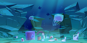Plastic garbage on ocean bottom. Sea floor with different kinds of trash. Toxic wastes in barrel, bags floating in water. Ecology protection, underwater pollution concept, Cartoon vector illustration