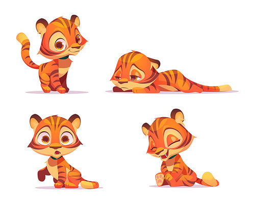 Cute tiger cartoon character, funny animal cub mascot with kawaii muzzle express emotions smiling, laughing, surprised and sad. Wild kitten with orange striped skin. Vector illustration, isolated set