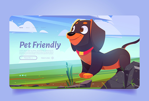 Pet friendly banner with cute dog on lawn. Vector landing page of allowed visit with domestic animals in hotel, restaurant or store. Cartoon illustration of funny puppy rottweiler on green grass