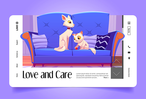 Love and care banner with cute white cats on blue sofa. Vector landing page of home pets with cartoon illustration of mother cat and kitten playing with ball on couch with pillows