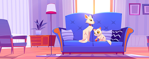 Home pets adult cat with cute white kitten playing ball on couch in living room cozy interior. feline cartoon characters lifestyle, petcare, adoption and love to animals concept, Vector illustration