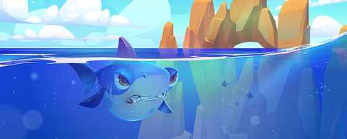 Shark in sea with rocks around. Underwater creature in ocean with fin stick up above water surface. Angry fish predator, game character, marine toothy animal wait prey, Cartoon vector illustration