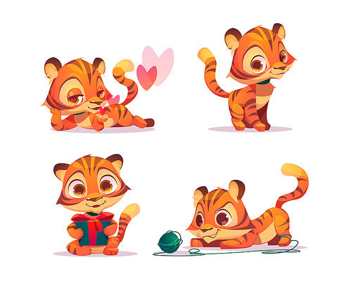 Cute baby tiger character in different poses. Vector set of cartoon chat bot, funny kitten flirts, holding gift box and plays with clew. Creative emoji set, animal mascot