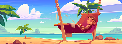 Funny monkey sleeping in hammock on tropical seaside beach with ocean view, rocks and palm trees, cute ape cartoon character relaxed lifestyle, outdoor zoo park, islander wildlife, Vector illustration