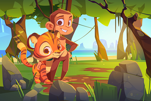 Cute monkey and tiger stand together in jungle. Vector cartoon illustration of rainforest landscape with green trees, stones, sea and wild animals. Funny friends ape and tiger in tropical forest