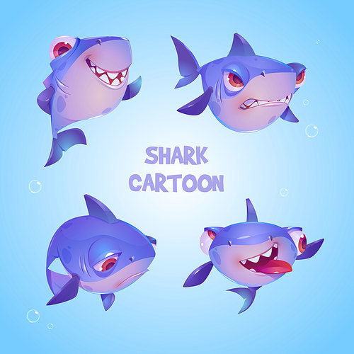 Funny shark character with different emotions. Vector set of cute cartoon mascot, predator fish smiling, angry, sad and crazy. Creative emoji set with underwater sea animal
