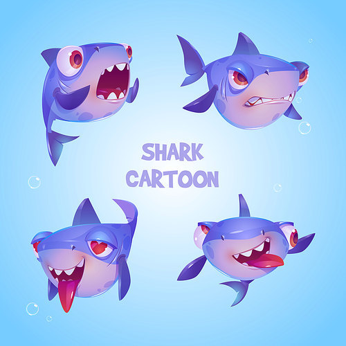 Cute shark cartoon character, funny fish mascot, underwater animal with kawaii muzzle express emotions fall in love, smiling, crazy, surprised and angry. Wild toothy predator, isolated vector set