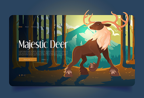 Majestic deer banner with big stag in forest. Vector landing page of wildlife nature with cartoon illustration of hoofed animal with antlers in woodland with pine trunks and mountains on horizon
