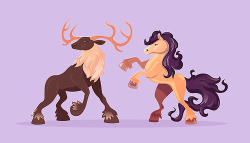 Deer and horse, wild hoofed animals. Vector cartoon set of majestic stag with antlers and mustang with beautiful mane and tail.Stallion rearing up and big reindeer isolated on purple 
