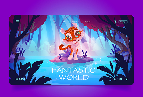 Fantastic world banner with cute tiger in magic forest. Vector landing page with cartoon fantasy illustration of happy wild kitten and woods landscape with lake and trees