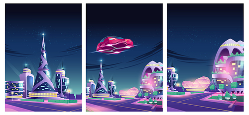 Future night city with flying car and futuristic neon glowing glass buildings Alien urban architecture skyscrapers of unusual shapes, green plants, aerial automobile. Cartoon vector illustration, set