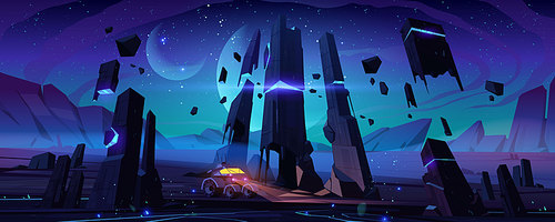 Mars rover on blue planet surface explore alien landscape. Robotic autonomous vehicle for space discovery and scientific research, futuristic background with glowing rocks, cartoon vector illustration