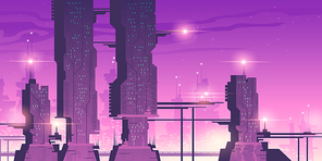 Future city, night town with skyscrapers with lights. Vector cartoon neon pink and purple illustration of cityscape with futuristic buildings. Cyberpunk urban landscape