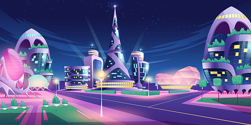 Future city, night town with skyscrapers and futuristic buildings with neon lights. Vector cartoon illustration of cityscape with cyberpunk architecture, plants, trees and crossroad