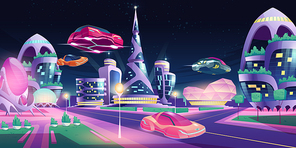 Future night city with flying cars and futuristic neon glowing glass buildings of unusual shapes, green plants, automobile drive road. Alien urban architecture skyscrapers, Cartoon vector illustration