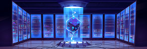 Vector cartoon interior of future data center room with server hardware and hologram of processor. Concept of bigdata technology, cloud information base, artificial intelligence