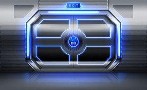 Metal door with exit sign, neon glowing and panel with buttons for password insert. Sliding gates in spaceship . shuttle or secret laboratory entrance, ski-fi bunker. Realistic 3d vector illustration