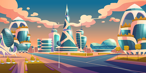 Future city, futuristic glass buildings of unusual shapes and green plants along empty road. Modern architecture towers and skyscrapers. Alien urban dwellings design, Cartoon vector illustration