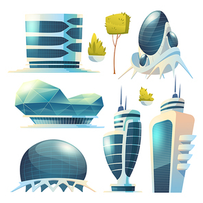 Future city, futuristic glass buildings of unusual shapes and green plants isolated on white . Modern architecture towers and skyscrapers. Alien urban dwellings design, Cartoon vector set
