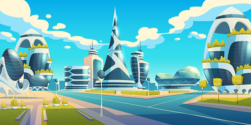 Future city, futuristic glass buildings of unusual shapes and green plants along empty road. Modern architecture towers and skyscrapers. Alien urban dwellings design, Cartoon vector illustration