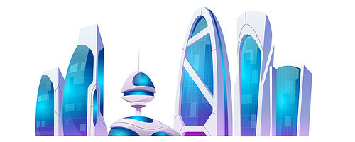 Future city buildings, futuristic skyscrapers isolated on white . Vector cartoon set of modern office buildings and houses. Science fiction architecture