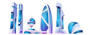 Future city, futuristic buildings with glass facade and unusual shapes isolated on white . Modern style architecture towers and skyscrapers. Alien urban cityscape design, Cartoon vector set