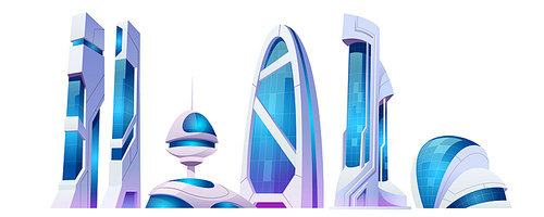 Future city, futuristic buildings with glass facade and unusual shapes isolated on white . Modern style architecture towers and skyscrapers. Alien urban cityscape design, Cartoon vector set