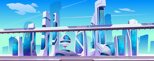 Future city street with futuristic glass buildings of unusual shapes, ground subway on blue sky background. Modern architecture towers and skyscrapers. Cartoon vector alien urban cityscape design