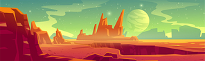 Alien planet landscape for space game background. Vector cartoon fantasy illustration of cosmos and Mars surface with red desert and rocks, satellite and stars in sky