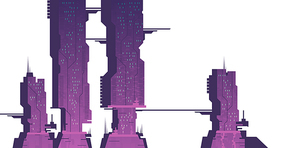 Future city skyscrapers, cyberpunk urban constructions with lights in neon pink and purple colors, futuristic buildings with glowing illumination. Modern town architecture, Cartoon vector illustration