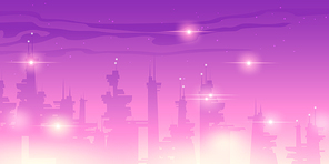 Future city, night town with skyscrapers with lights. Vector cartoon neon pink and purple illustration of cityscape with futuristic buildings. Cyberpunk urban landscape
