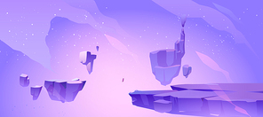 Space background with landscape of alien planet with craters and crack. Vector cartoon fantasy illustration of purple galaxy sky with stars and ground surface with rocks