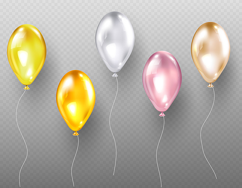 Helium balloons, flying multicolored glossy objects of gold, silver, yellow and pink color, decoration for holidays, birthday or party event isolated on transparent background, realistic 3d vector set