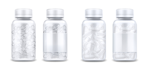 Medicine bottles with pills and clear capsules isolated on white . Vector realistic mockup of glass or plastic transparent container with blank label and lid. 3d jars with medical drugs