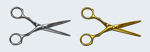 Scissors of silver and gold metal with open blades top view. Barber shares stationery for haircutting, beauty salon or tailor atelier tool. Design graphics element Realistic 3d vector isolated icons