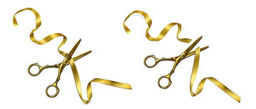 Golden scissors cut ribbon on grand open ceremony, launch event or inauguration. Vector realistic illustration of yellow metal scissors cutting gold tape isolated on white 