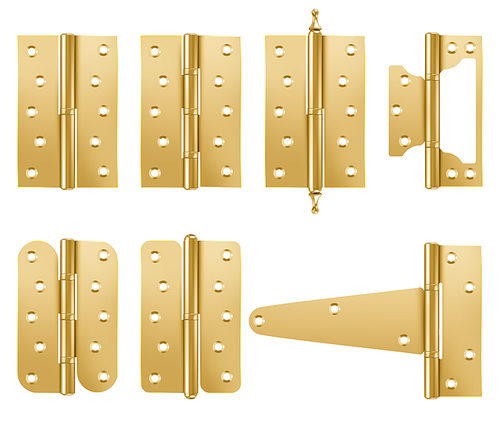 Door hinges, yellow colored metal noose hardware, gold or bronze shiny graphic elements for design and home renovation isolated on white , Realistic 3d vector illustration, icons set