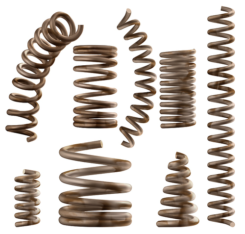Rusty metal springs, old dirty coils for bed or car, flexible spiral parts isolated on white . Steel industrial or mechanic garage equipment objects, realistic 3d vector set, clip art