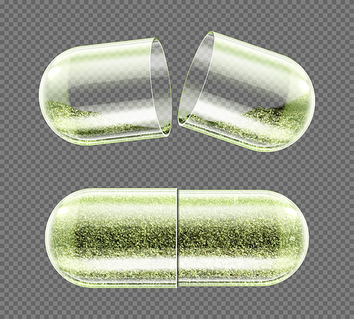 Herb capsule, nutritional supplement, powder pills close and open. Herbal medicine, pharmaceutical natural remedy, organic drug isolated on transparent background. Realistic 3d vector illustration