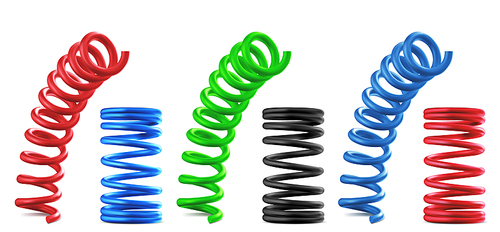 Metal springs, realistic colorful coils isolated set. Flexible spiral parts, bouncing and compressed red, blue, green and black industrial or mechanic garage objects, 3d vector illustration, clip art