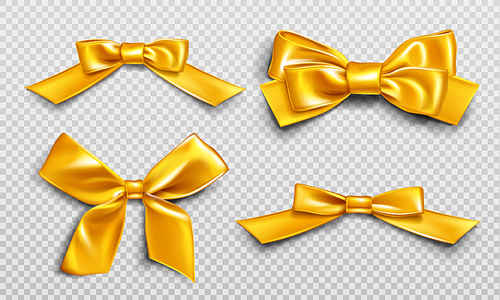 Gold ribbons and bows set. Collection of shiny yellow festive elements for wrapping present boxes, design gift card or invitation isolated on transparent background. Realistic 3d vector illustration
